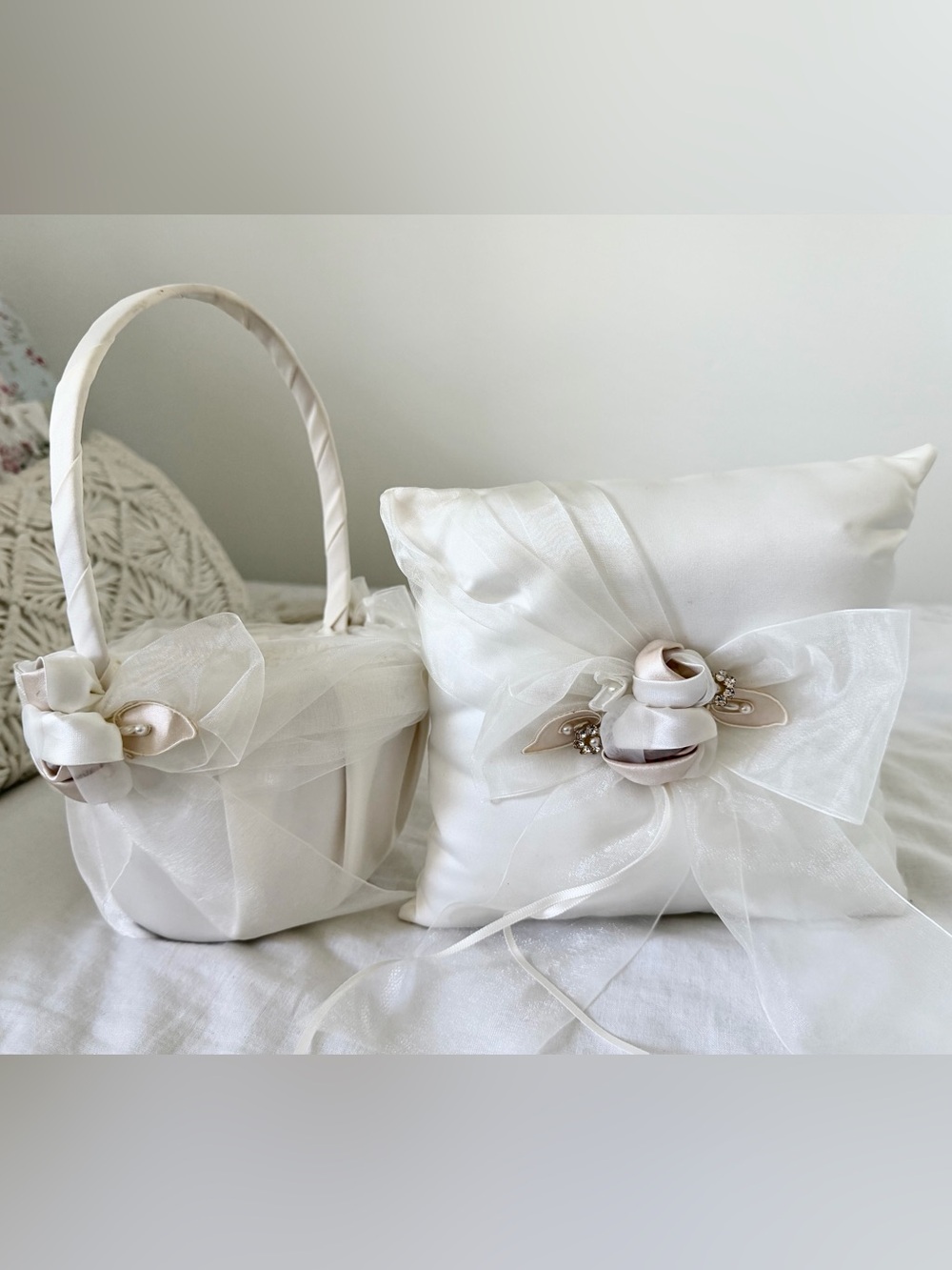 Ivory Satin Flower Ring Bearer Pillow and Flower Girl Basket Set